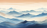 Fototapeta Natura - Watercolor painting of mountain shapes at dusk / sunrise / sunset pastel colors background backdrop