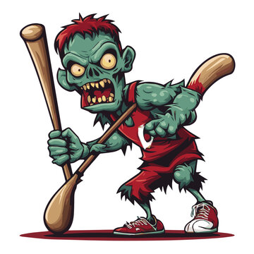 The ugly faced zombie looks angry and carries stick illustration