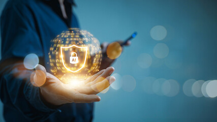 Leinwandbilder - Network cybersecurity and privacy using artificial intelligence to safeguard data. AI technology is being used by a businessman to protect data management and information to cyberattacks.