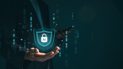 Leinwandbilder - Network cybersecurity and privacy using artificial intelligence to safeguard data. AI technology is being used by a businessman to protect data management and information to cyberattacks.