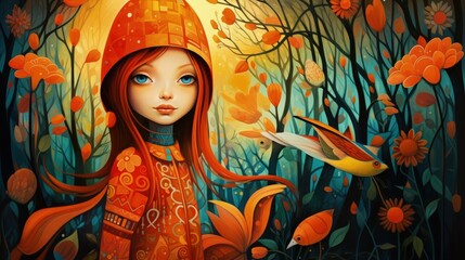 Wall Mural - Fantasy illustration of a girl in a colorful forest with a bird on her hand, surrounded by orange flowers and whimsical trees.