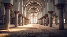 Beautiful Islamic Holy Mosque With Golden Lights And Islamic Decorative Lamps