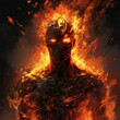 A haunting depiction of a zombie with a head on fire, rendered in stark black and fiery tones, conveying intensity and eerie horror