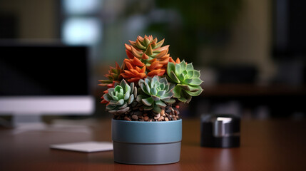 A fresh green succulent plant in pot brightens up an office workspace