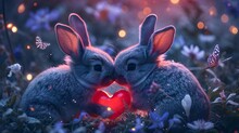Rabbits In Love Couple Of Cute Bunny Holding A Red Heart Shape In Nature. Birthday Valentine's Day Card.