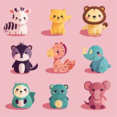  Vector Illustration fo Cute Animals Isolated on Pink Background