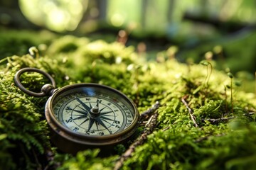 a compass rests on a bed of moss in a lush forest