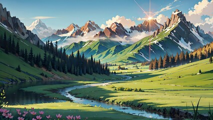 Canvas Print - Beautiful mountain views with very wide and green grass. The sky is bright blue with the sun dazzling the eyes. Beautiful mountains wallpaper with anime style. Landscape view
