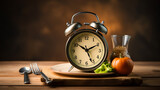 Fototapeta Tematy - alarm clock with fork and knife on the table. time to eat breakfast lunch dinner