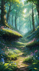 Canvas Print - A beautiful view in the middle of a forest filled with colorful flowers. Shady trees, anime style
