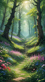 Fototapeta Las - A beautiful view in the middle of a forest filled with colorful flowers. Shady trees, anime style
