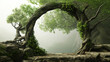 Mystical forest archway formed by intertwined trees.