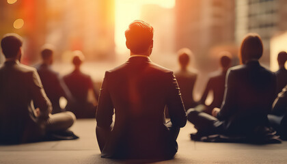 Wall Mural - Group of people in business suits meditating in office ,business concept