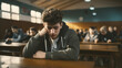 © red_orange_stock - A teenage boy appears stressed and worried during an exam in a classroom full of students.