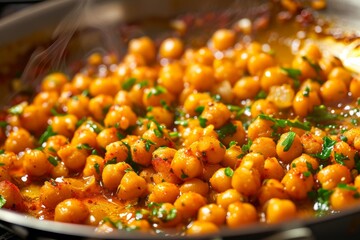 Wall Mural - Cooking chickpeas with spices in a pan, close-up.