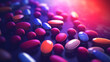 Vibrant medication pills on a dark surface with dynamic lighting, illustrating modern pharmaceuticals.