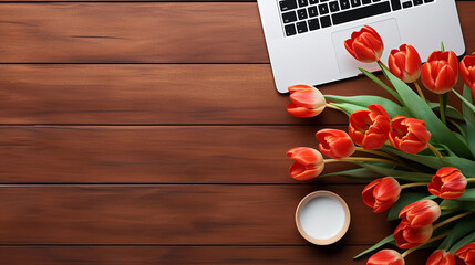 man typing on laptop. top view on office desk with flowers