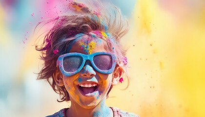 Sticker - Happy kid in glasses and paint dust at festival , happy holi indian concept