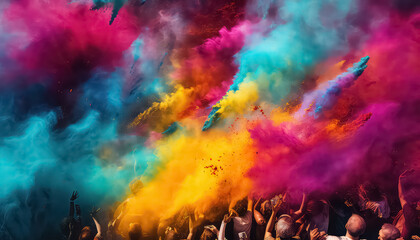 Poster - Festival of Colors Crowd of people throwing paints at the sky , happy holi indian concept