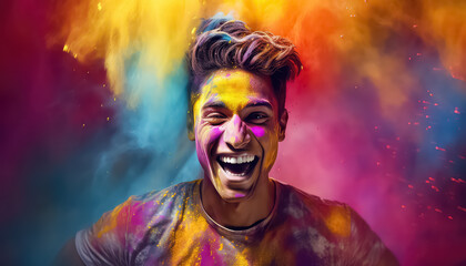 Poster - Portrait of a man in the dust of paints smiling , happy holi indian concept