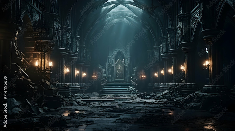 Majestic gothic dark fantasy castle hall with throne and torches ...