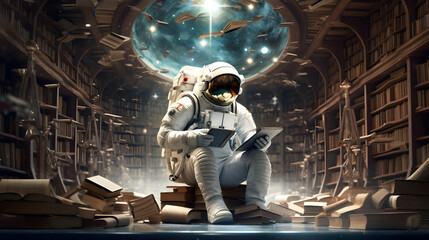 astronaut reading a book in a cosmic library in another planet, science fiction day concept
