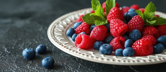 Sticker - Plate with fresh raspberries, blueberries, and mint sprig.