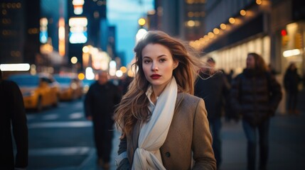 Canvas Print - A woman walking down the street at night. Generative AI.