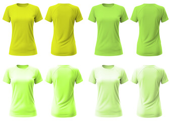 Set of Green lime front, back t-shirt woman cutout on transparent background. Mockup template product presentation.