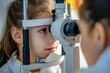 Close up of an ophthalmologist checks the eyesight of a preschooler, annual examination