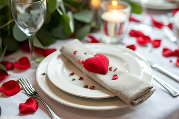 Wall Mural - Valentine's day romantic restaurant dinner setting with red rose