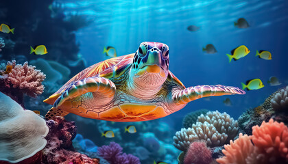 Wall Mural - A large turtle swims in a clear ocean , Environmental eco safe Conservation