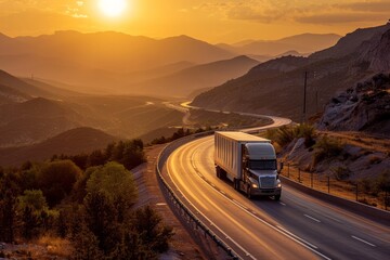 Wall Mural - Semi truck driving on highway during sunset in mountainous area