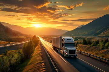 Wall Mural - Semi truck driving on highway during sunset in mountainous area