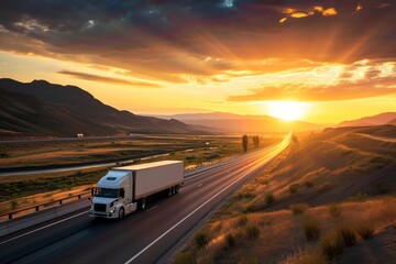 Wall Mural - Semi truck driving on highway during sunset in mountainous area