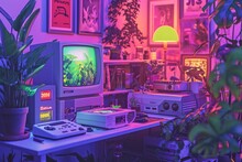 Vibrant Retro Gaming Setup With Colorful Consoles And Plants