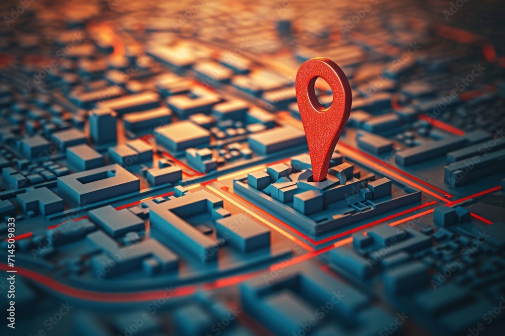 A 3D map with a red location pin in a stylized city grid. Stock ...
