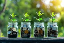 Four jars with plants growing out of coins, illustrating financial growth and investment.