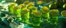 Unconventional Alcoholic Beverages For Adult Parties, Resembling Lime Jelly Shots And Served On A Tablecloth.