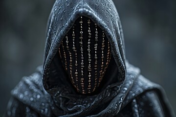 Wall Mural - A hooded figure with a digital code covered face, evoking themes of cybersecurity and anonymity.