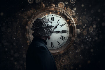 Wall Mural - Abstract concept of time passing by. Human silhouette and old clock representing past time. Turn back time concept. Melancholic mood