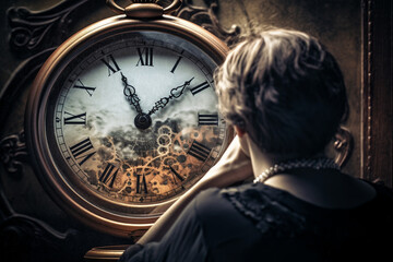 Wall Mural - Abstract concept of time passing by. Human silhouette and old clock representing past time. Turn back time concept. Melancholic mood