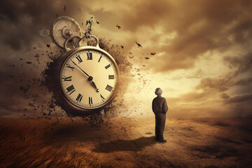 Wall Mural - Abstract concept of time passing by. Human silhouette and old clock representing past time. Turn back time concept. Melancholic mood