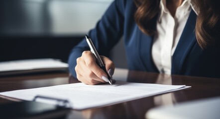 young professional woman signing document at table