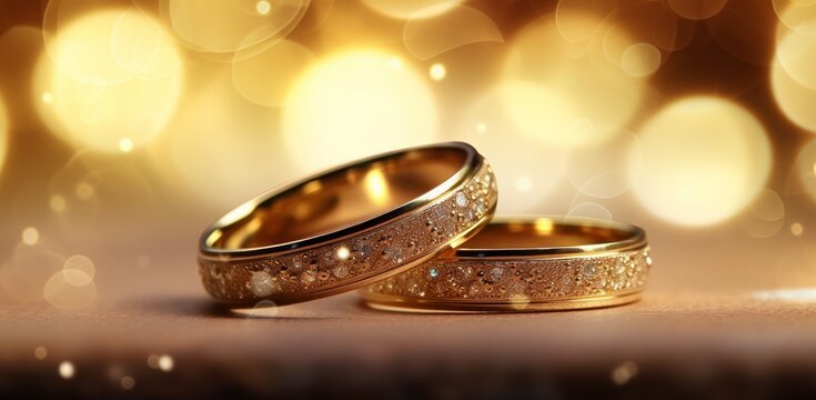 wedding rings on gold background with bokeh lights