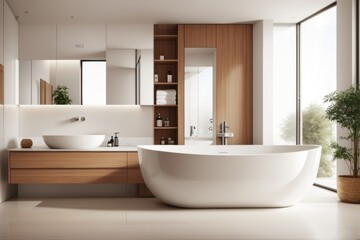 Wall Mural - Interior home design of modern bathroom with white elliptical bathtub and houseplants by a large window