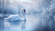 Lonely White Swan In The Lake In Winter