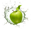 Fresh green apple and splash of water on transparent background