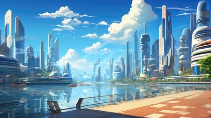 Wall Mural - A futuristic cityscape with a view of the harbor and a blue sky