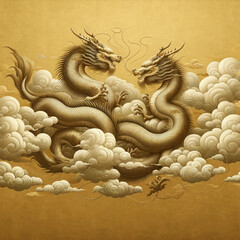 Wall Mural - minimalist yet realistic art illustrations of a mythical gold dragon on a cloud, designed in a traditional Chinese style with a gold background.